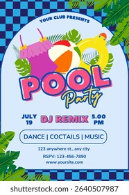 Summer pool party template poster invitation. Swimsuit, ball, palm, float. Summer design vector illustration background, banner, flyer.