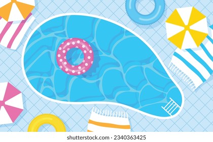 Summer pool party top view. Sun umbrella, sunbeds, colorful lifebuoys. Vector illustration background in trendy style.