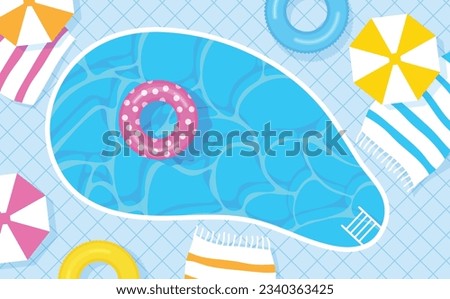 Summer pool party top view. Sun umbrella, sunbeds, colorful lifebuoys. Vector illustration background in trendy style.