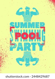 Verano Pool Party tipográfico grunge vintage diseño de póster con nadador retro. Ilustración vectorial retro.