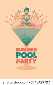 Verano Pool Party tipográfico grunge vintage diseño de póster con cóctel de cristal de martini y nadador retro. Ilustración vectorial.