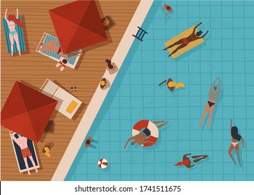 Summer pool party vacation illustration. People relaxing near the pool 
