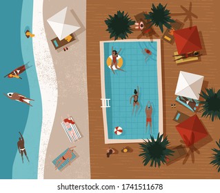 Summer pool party vacation illustration. People relaxing near the pool 