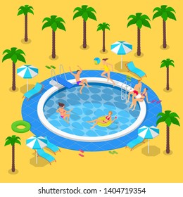 Summer pool party, vector 3d isometric illustration. Summer vacation in hotel resort. Happy young people have a rest by the swimming pool.