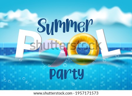 Summer pool party vector banner design. Summer pool party text in swimming pool background with floater and beach ball floating elements for fun and enjoy summer vacation. Vector illustration