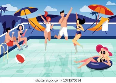 Summer pool party, vector flat illustration. Happy young friends have a vacation by the swimming pool.