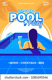 Summer pool party vector illustration. Beautiful young girl in swimming pool with cocktail in hand. Colorful invitation a4 poster. Eps 10.