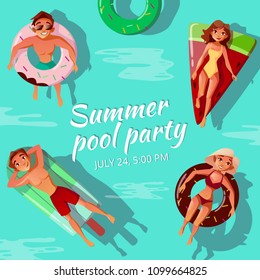 Summer pool party vector illustration of people on swim rings in shape of fruits. Happy boys and girls in swimwear and sunglasses on holiday vacations for beach party invitation poster template