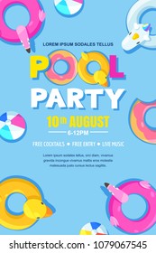 Summer Pool Party, Vector Poster, Banner Layout. Unicorn, Flamingo, Duck, Ball, Donut Cute Floats In Water. Top View Illustration. Fun Holiday Background