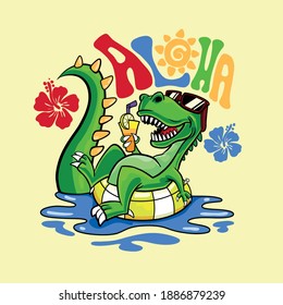 Summer pool party.Dinosaur character design. Fun t-shirt print.