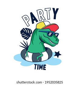 Summer pool party.Dinosaur character design. Fun t-shirt print.
