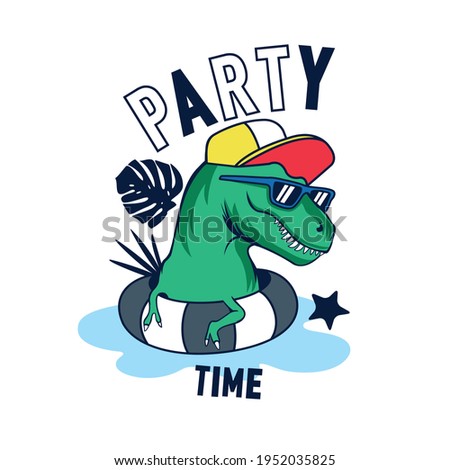 Summer pool party.Dinosaur character design. Fun t-shirt print.
