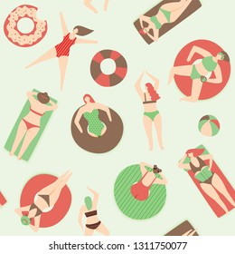 Summer pool pattern, people swimming on rubber ring and beach raft