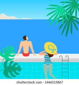 Summer pool with people. Cartoon background of sea resort. Vector  illustration.