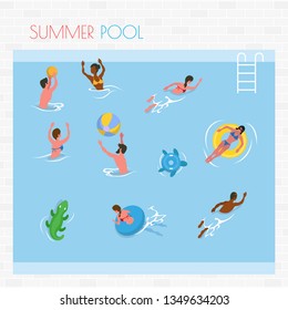 Summer pool, people splashing in water, man and woman swimming and playing with ball. Sunbathing female on rubber circle, aqua relax or leisure vector