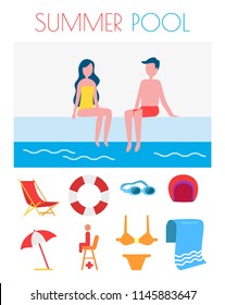 Summer pool poster,  with icons of goggles towel lifebuoy umbrella and bathing suit. Hat and glasses of professional swimmers. Couple by basin vector