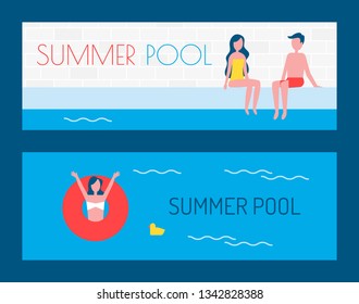 Summer pool posters with text and people on vacation chilling in water. Woman in lifebuoy lifeline waving hands couple on poolside summertime vector