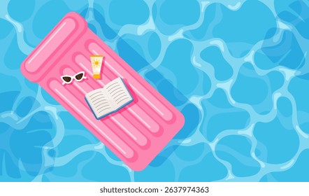 Summer pool relaxation scene. Inflatable pink mattress with book, sunglasses and SPF lotion. Flat vector illustration for banners, flyers, cards and social media.