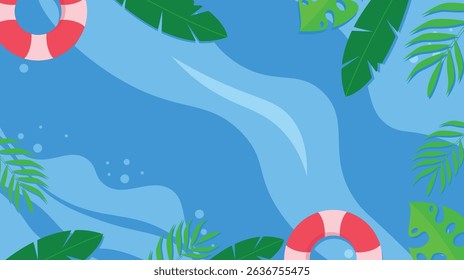 Summer Pool Relaxation Scene with Lifesavers and Tropical Leaves Background