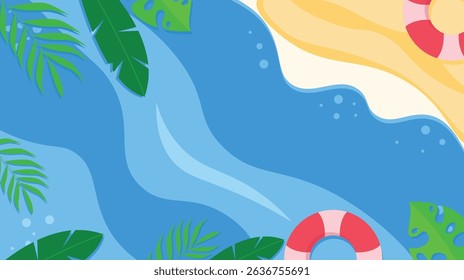 Summer Pool Relaxation Scene with Lifesavers and Tropical Leaves