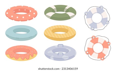 Summer pool rubber ring set. Set of swim rings on white background. Inflatable rubber toy for water and beach. Colorful lifebuoy for swimming in various prints. Vector stock illustration.