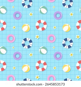 Summer pool seamless pattern with colourful floats and beach ball. Vector illustration summer pool seamless pattern for background, wallpaper, wrapping and textile.