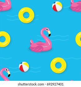 Summer pool Seamless pattern vector illustration, Cute flamingo pool float, balls and yellow inflatable ring floating on water.