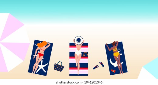 Summer pool, seaside beach vacation with women sunbathing on seashore. Shoreline background. 