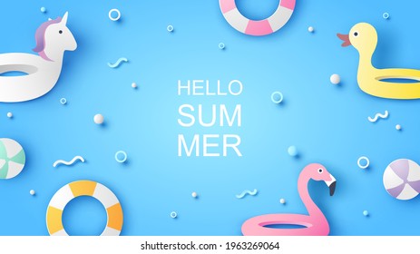 Summer pool with swim ring equipment, beach ball floating on water surface and Hello Summer text. Swimming pool in summer. Hello Summer poster. paper cut and craft style. vector, illustration.