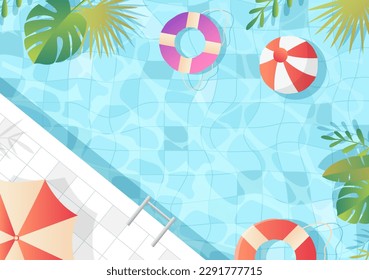 Summer pool top view. Symbol of holidays and recreation in tropical and exotic countries. Lifebuoy and rubber ball. Blue and pink theme with copy space. Cartoon flat vector illustration