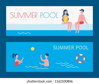 Summer pool vacation of people posters set with text. Couple on poolside man and woman relaxing in water. Freelancers playing water game polo vector