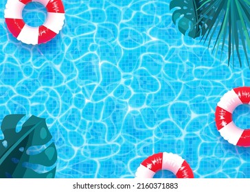 Summer pool vector background. Swimming pool texture, red and white ring float, palm monstera leaves illustration. Copy space at the centre. Top view.