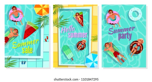 Summer pool vector illustration for shop sale poster, party invitation and Hello summer greeting card. Cartoon design of happy people boys and girls on swim rings in shape of fruits and sunglasses