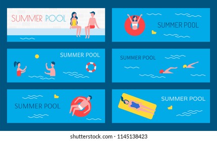 Summer pool water activities set of posters. Swimming basin people on vacations lying in lifebuoy and saving ring. Couple playing game, swimmers vector