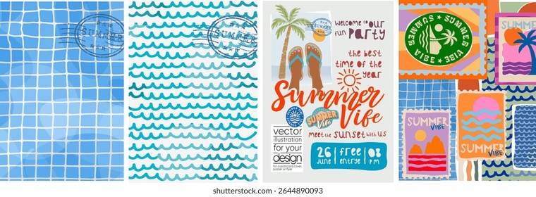 Summer, pool, water. Vector illustrations of postage stamps and poster with beach, sunbathing feet in flip flops or sandals, palm tree, doodle wave pattern, pool tile texture for background, poster