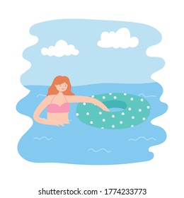 piscina de verano con mujer con ilustración vectorial de tiempo inflable y lúdico