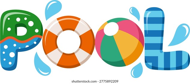 Summer pool word art vector, colorful swimming pool typography with beach ball. Playful water splash lettering for vacation posters.
