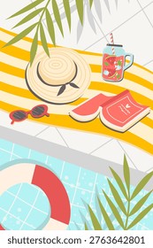 Summer poolside aesthetic flat lay. Relaxing vacation background with pool water, lifebuoy, straw hat, book, sunglasses and watermelon drink on yellow striped towel