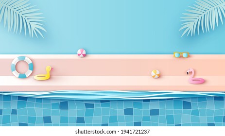 Summer poolside scene with duck swim ring, flamingo swim ring, ball beach and sunglasses. Swimming pool stage podium scene. paper cut and craft style. vector, illustration.