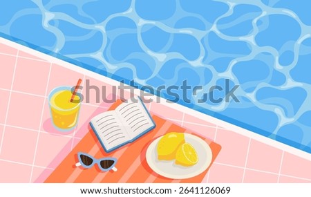 Summer poolside scene with lemon, juice, book and sunglasses. Flat vector illustration for vacation, travel, lifestyle and outdoor design projects.