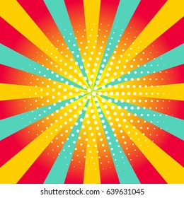 ?artoon summer pop art card, banner, flyer with rays of sun. Vector illustration of explosion, burst.