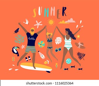 Summer pop art illustration with happy family. Tropical beach. Typographic vector illustration.