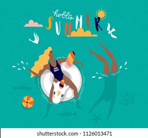 Summer pop art illustration with swimmer. Tropical beach. Typographic vector illustration.