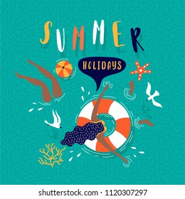 Summer pop art illustration with swimmers. Tropical beach. Typographic vector illustration.