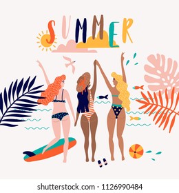 Summer pop art illustration with tropical beach. Typographic vector illustration.