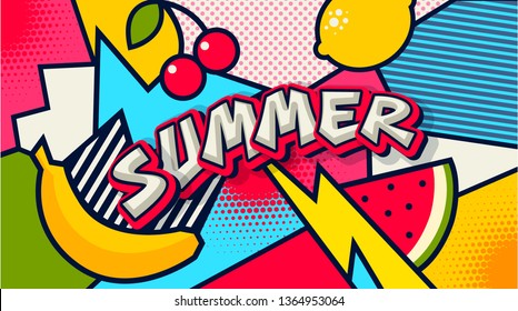 Summer. Pop art poster or banner. Funny comic fresh summer word. Social Media Communication. Trendy colorful retro vintage fruit background. Banana, watermelon, lemon and cherry vector illustration.