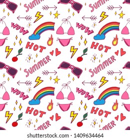 Summer pop art seamless pattern in cartoon style with decoration element such strawberry, rainbow, bikini, sunglasses, icecream etc. on white background. Seamless vector texture.