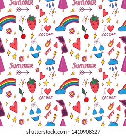 Summer pop art seamless pattern in cartoon style with decoration element such strawberry, rainbow, bikini, sunglasses, icecream etc. on white background. Seamless vector texture.
