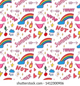 Summer pop art seamless pattern in cartoon style with decoration element such strawberry, rainbow, bikini, sunglasses, icecream etc. on white background. Seamless vector texture.