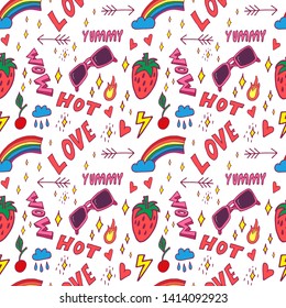 Summer pop art seamless pattern in cartoon style with decoration element such strawberry, rainbow, bikini, sunglasses, icecream etc. on white background. Seamless vector texture.